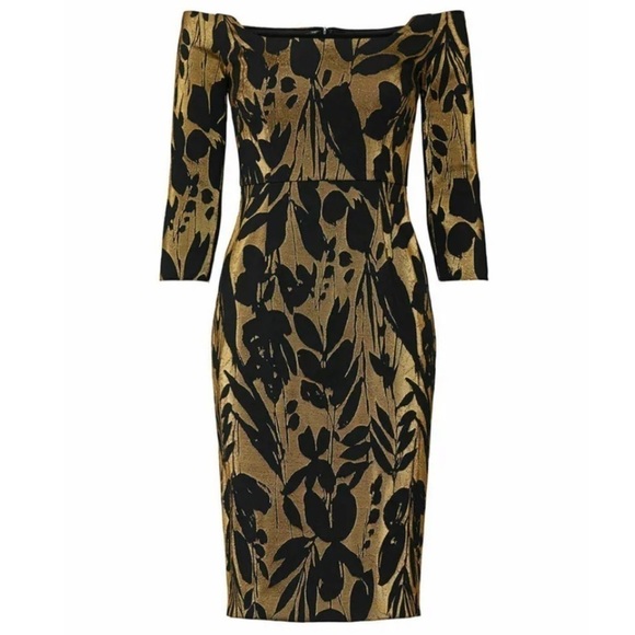 Trina Turk Sumire Off The Shoulder Jacquard Sheath Dress Black Gold size 6 - Picture 6 of 13